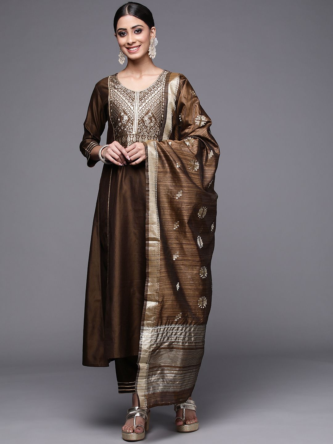 Dhiyona IE Women Brown Ethnic Motifs Yoke Design Kurta with Palazzos & With Dupatta