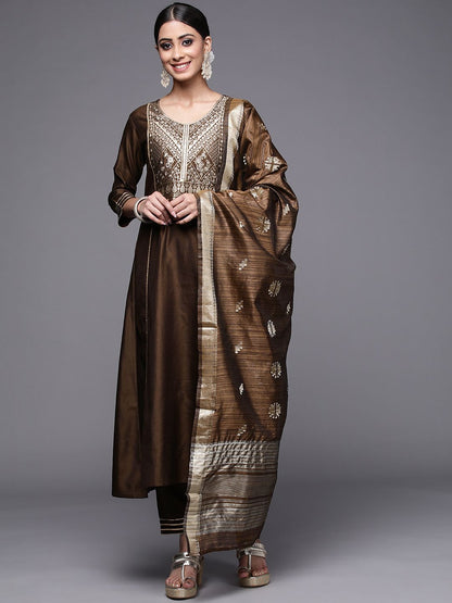 Dhiyona IE Women Brown Ethnic Motifs Yoke Design Kurta with Palazzos & With Dupatta