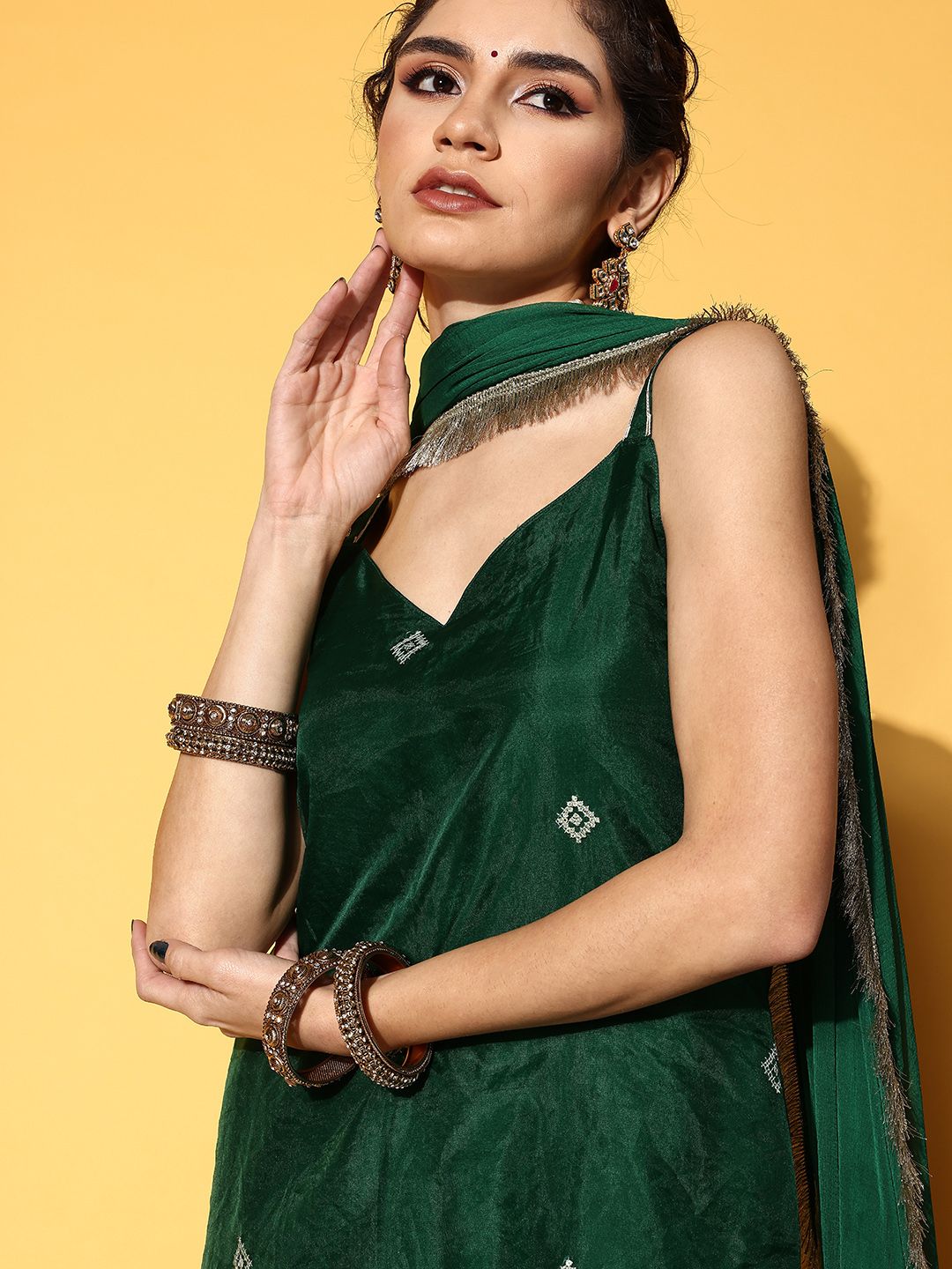 Indyancart VA Women Green Embroidered Sequinned Kurta with Sharara & Dupatta