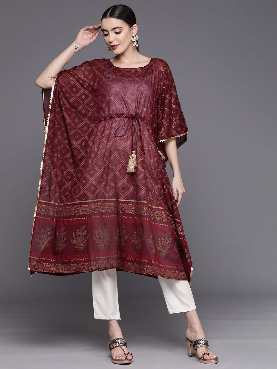 Indyancart IE Women Ethnic Motifs Printed Belted Detail Kaftan Kurta