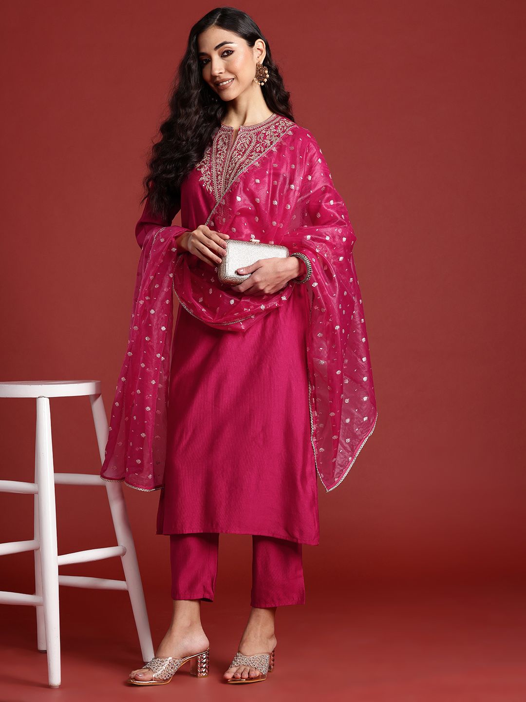 Women Ethnic Motifs Embroidered Regular Sequinned Liva Kurta with Trousers & With Dupatta