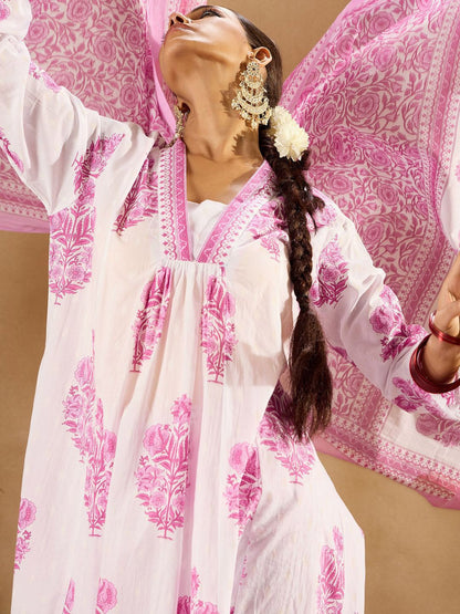 Indyancart IE Floral Printed Panelled Pure Cotton A-Line Kurta With Palazzos & Dupatta