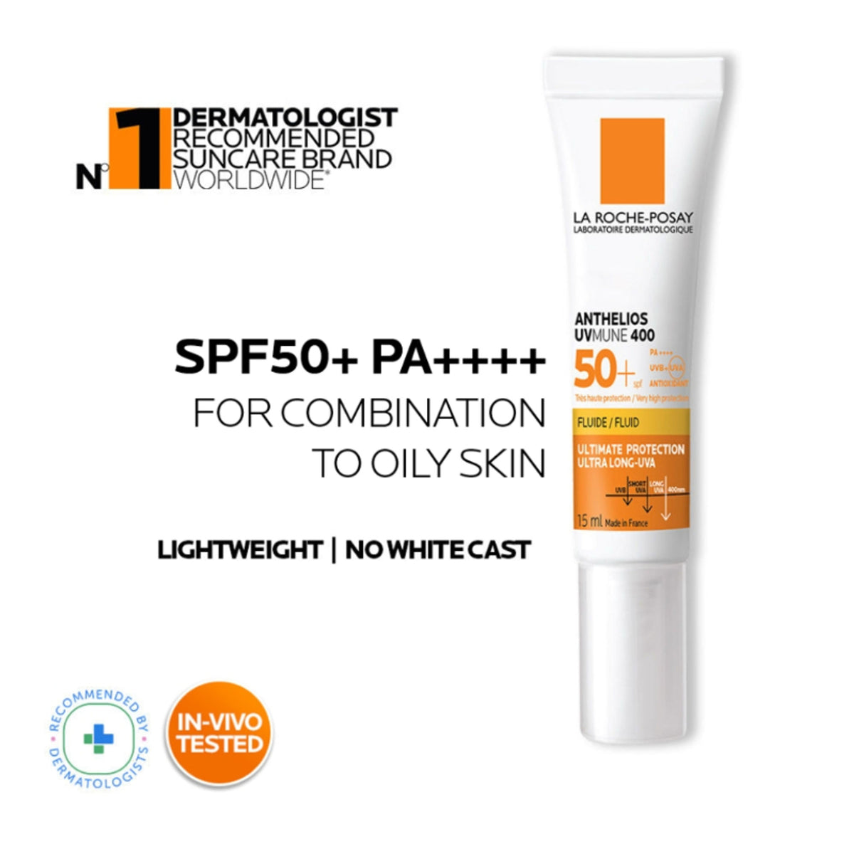 La Roche-Posay Anthelios UVMUNE400 SPF50+ Ultra-light sunscreen tube for sensitive skin, with a sleek white and blue packaging.