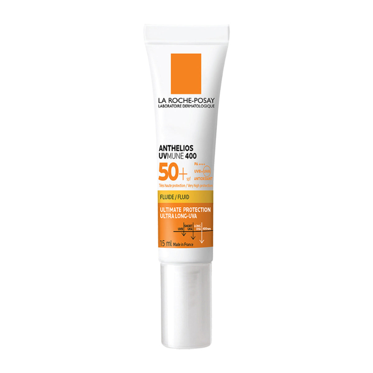 La Roche-Posay Anthelios UVMUNE400 SPF50+ invisible fluid sunscreen for sensitive skin, showing the ultra-light, transparent texture.