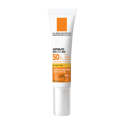 La Roche-Posay Anthelios UVMUNE400 SPF50+ invisible fluid sunscreen for sensitive skin, showing the ultra-light, transparent texture.