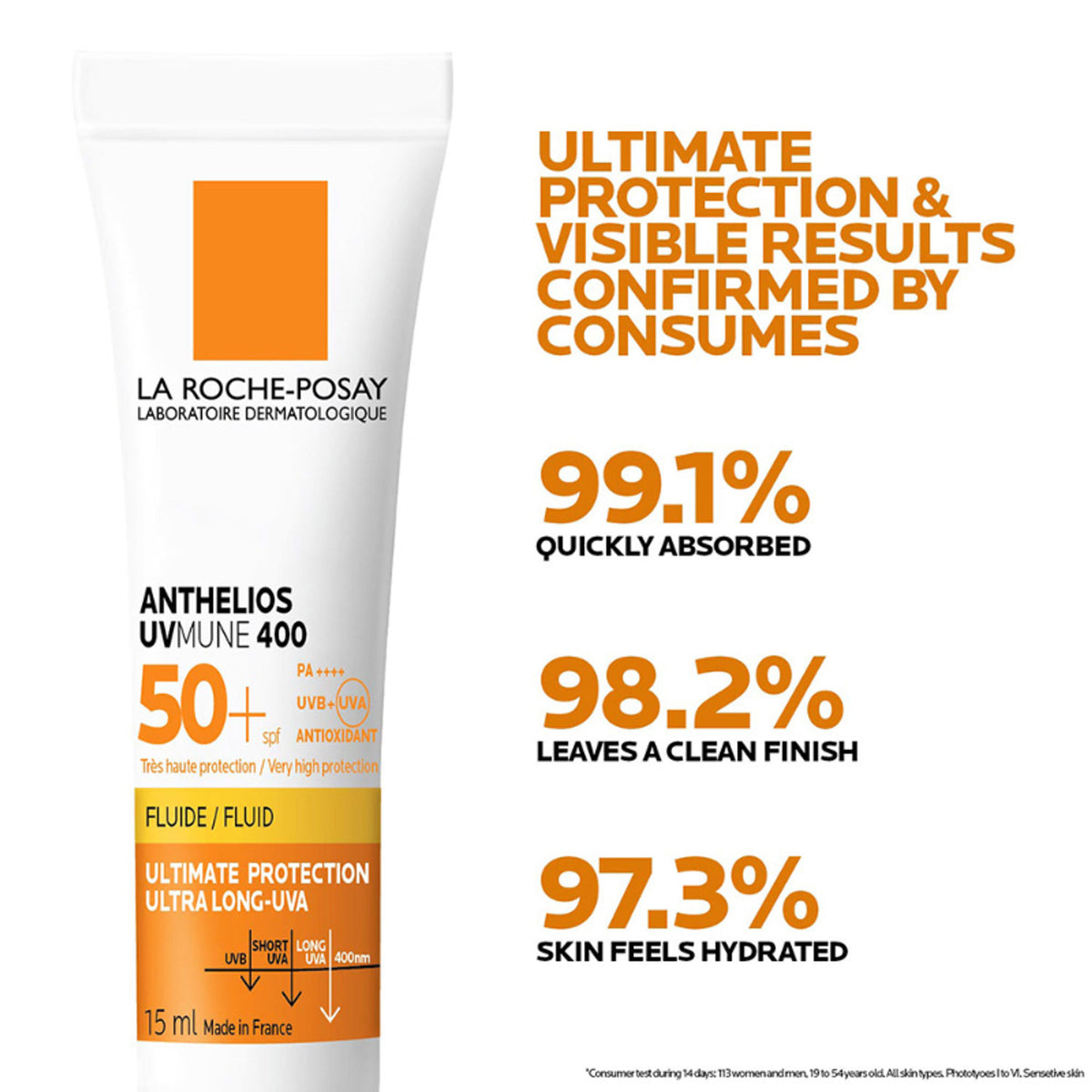 La Roche-Posay Anthelios UVMUNE400 SPF50+ invisible fluid sunscreen bottle with ultra-light texture for sensitive skin