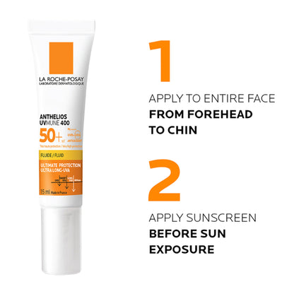 La Roche-Posay Anthelios UVMUNE400 SPF50+ invisible fluid sunscreen bottle with ultra-light texture for sensitive skin.