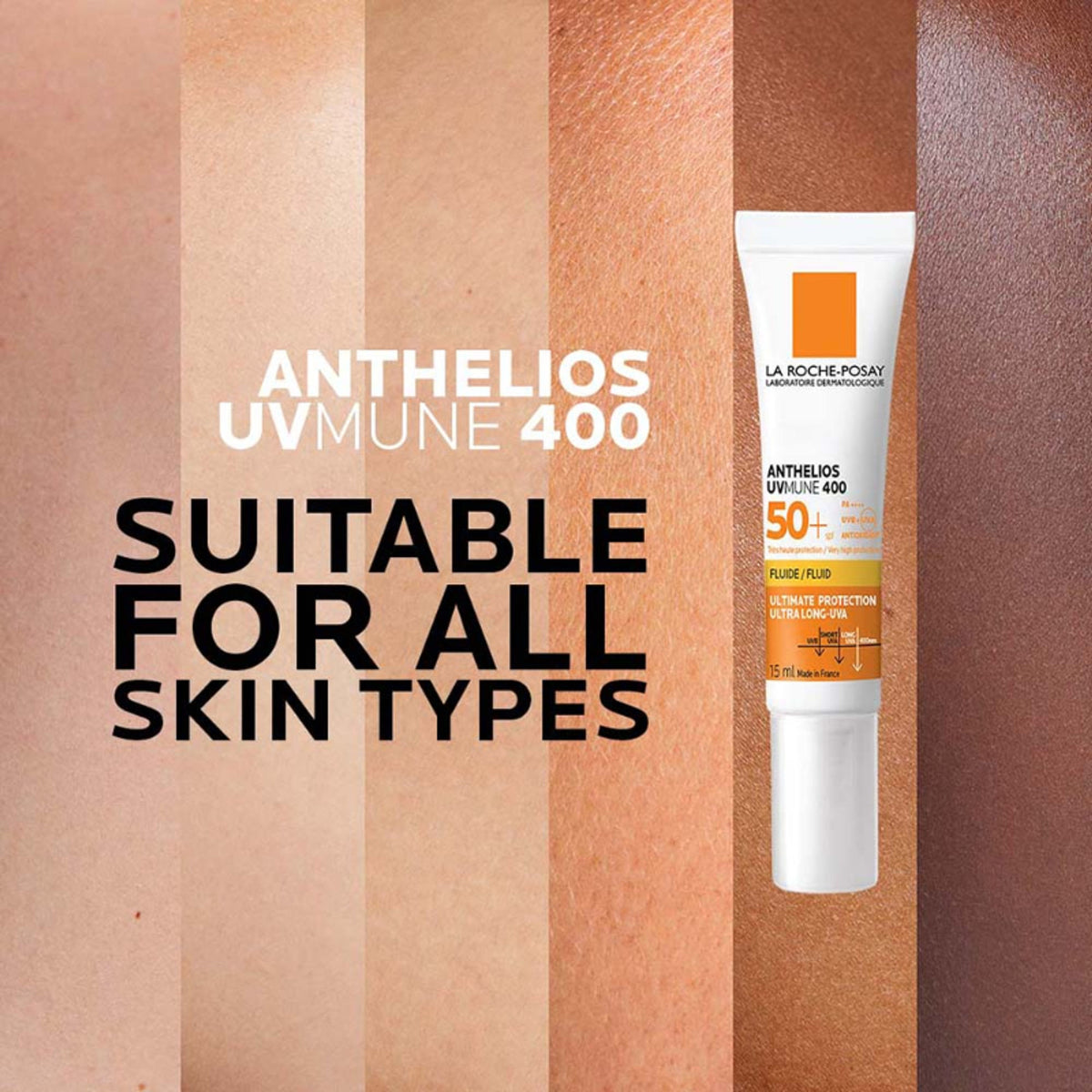 La Roche-Posay Anthelios UVMUNE400 SPF50+ invisible fluid sunscreen bottle for sensitive skin, shown on a plain background.