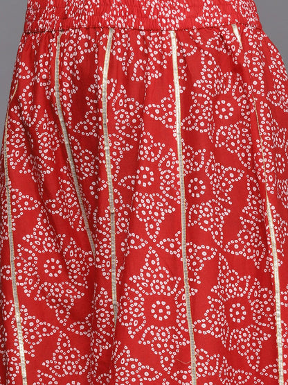 Indyancart VA Women's Red & White Bandhani Printed Anarkali Kurta with Sharara & With Dupatta