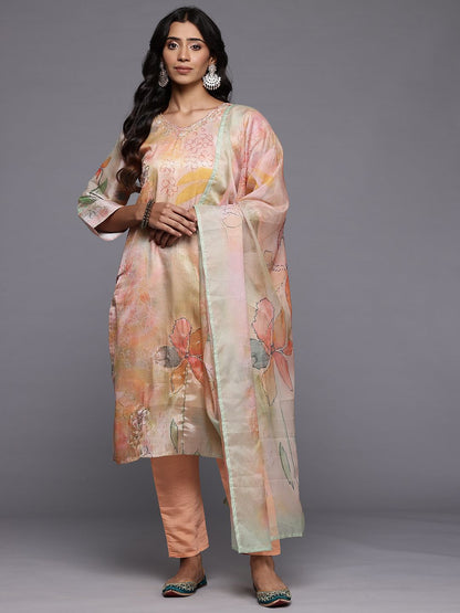 Dhiyona VA Women'sFloral Printed Regular Beads and Stones Kurta with Trousers & With Dupatta
