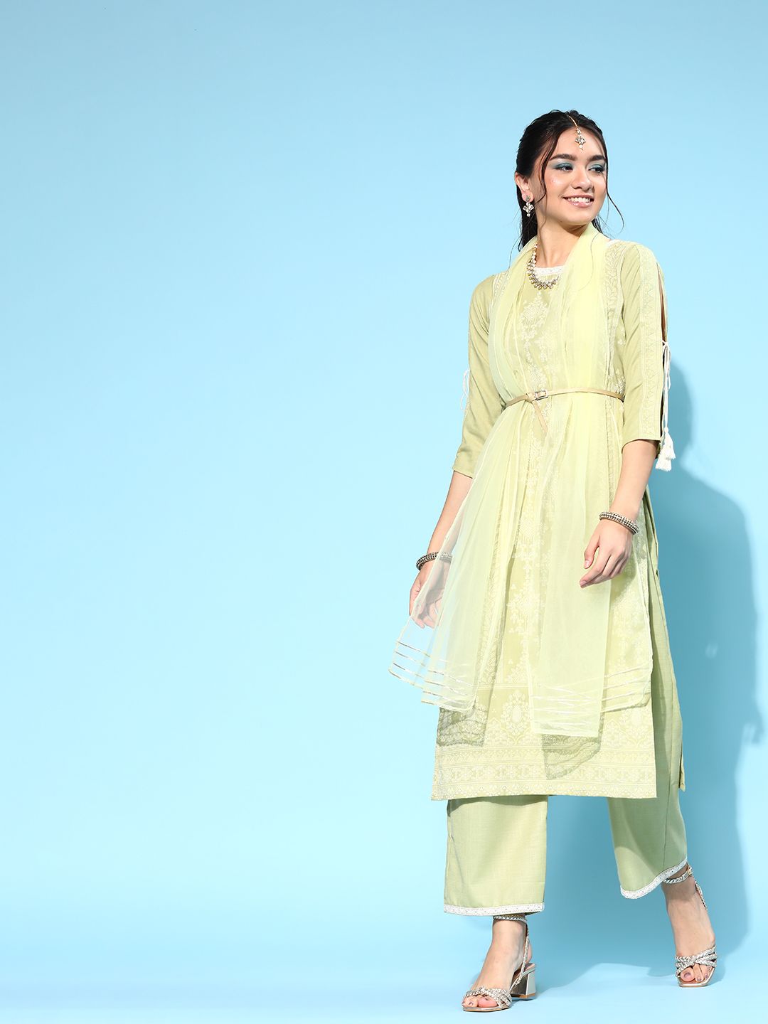 Women Sea Green Floral Printed Regular Liva Kurta with Sharara & With Dupatta