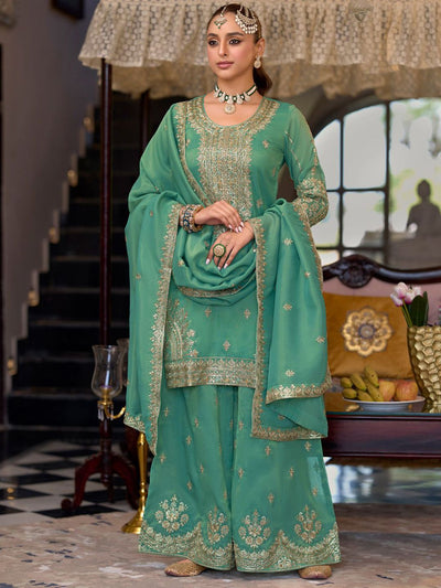 Dhiyona IE Ethnic Motifs Embroidered Sequinned Straight Kurta Palazzos With Dupatta