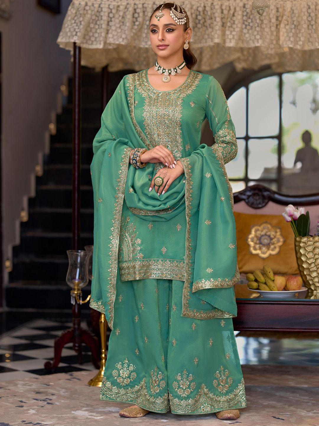 Indyancart IE Ethnic Motifs Embroidered Sequinned Straight Kurta Palazzos With Dupatta