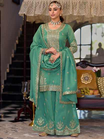 Indyancart IE Ethnic Motifs Embroidered Sequinned Straight Kurta Palazzos With Dupatta