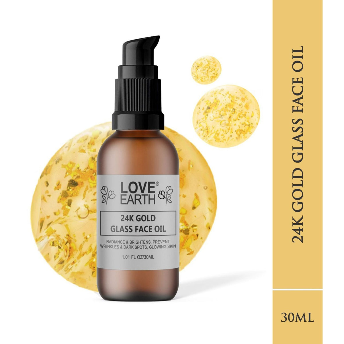 Love Earth 24K Gold Glass Face Oil for Skin Brightening Anti-Aging with Pure Essential Oils