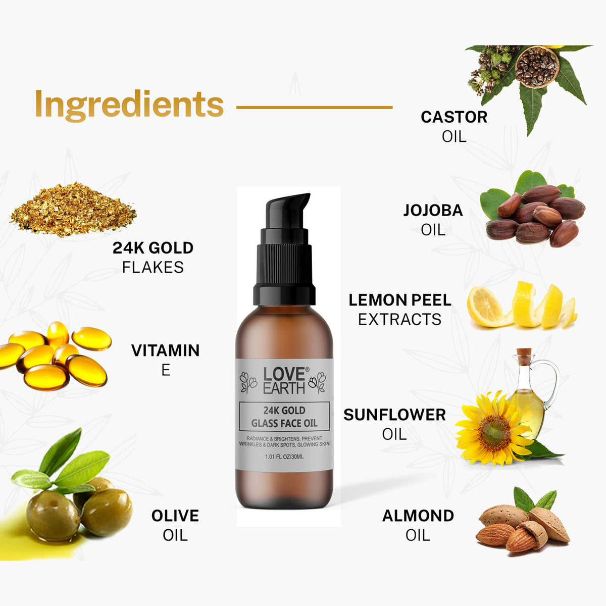 Love Earth 24K Gold Glass Face Oil for Skin Brightening Anti-Aging with Pure Essential Oils