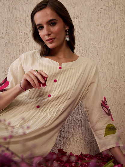 Dhiyona IE Women Floral Printed Regular Thread Work Pure Cotton Kurta with Trousers