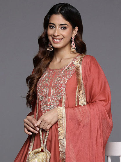 Indyancart VA Women'sFloral Embroidered Panelled Sequinned Kurta with Trousers & Dupatta
