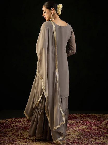 Indyancart IE V Neck Floral Embroidered Thread Work Kurta with Sharara & Dupatta