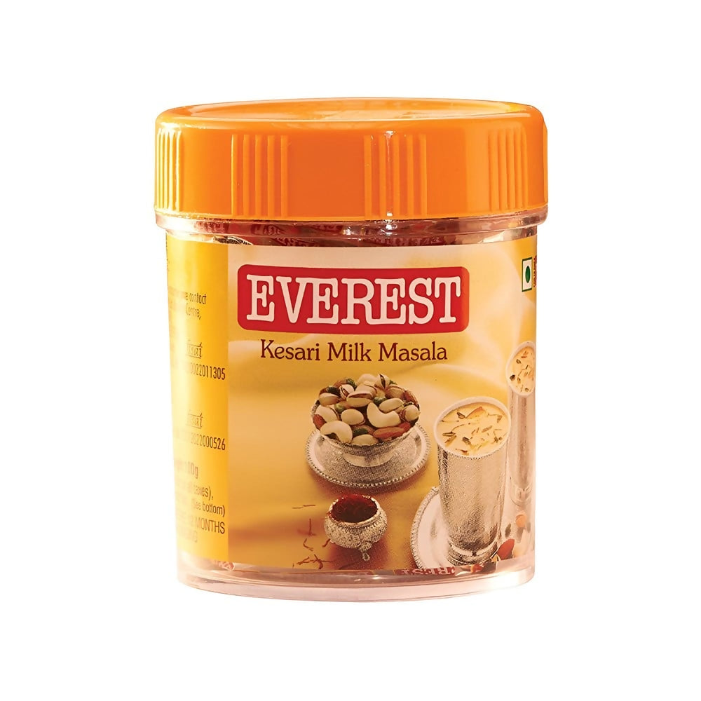 Everest Kesari Milk Masala powder in a jar, contains aromatic spices used for flavoring saffron milk and desserts.