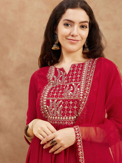 Indyancart SN Women's Yoke Design Embroidered Kurta Sets With Dupatta