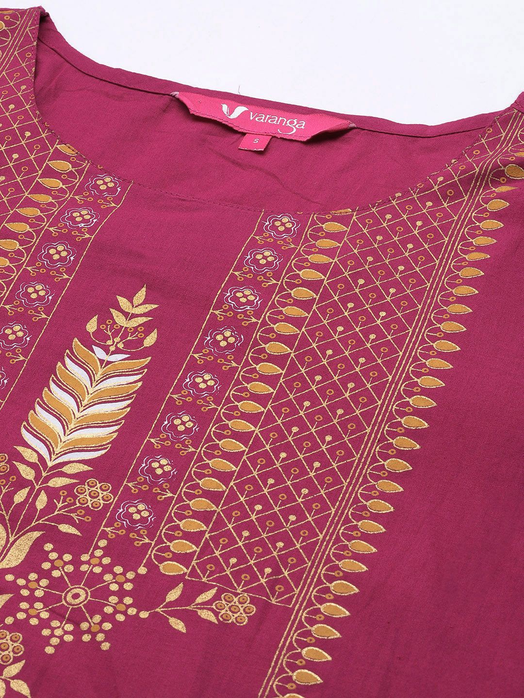 Indyancart VA Women's Fuchsia Pink & Golden Floral Print Cotton Kurta with Palazzos & Dupatta