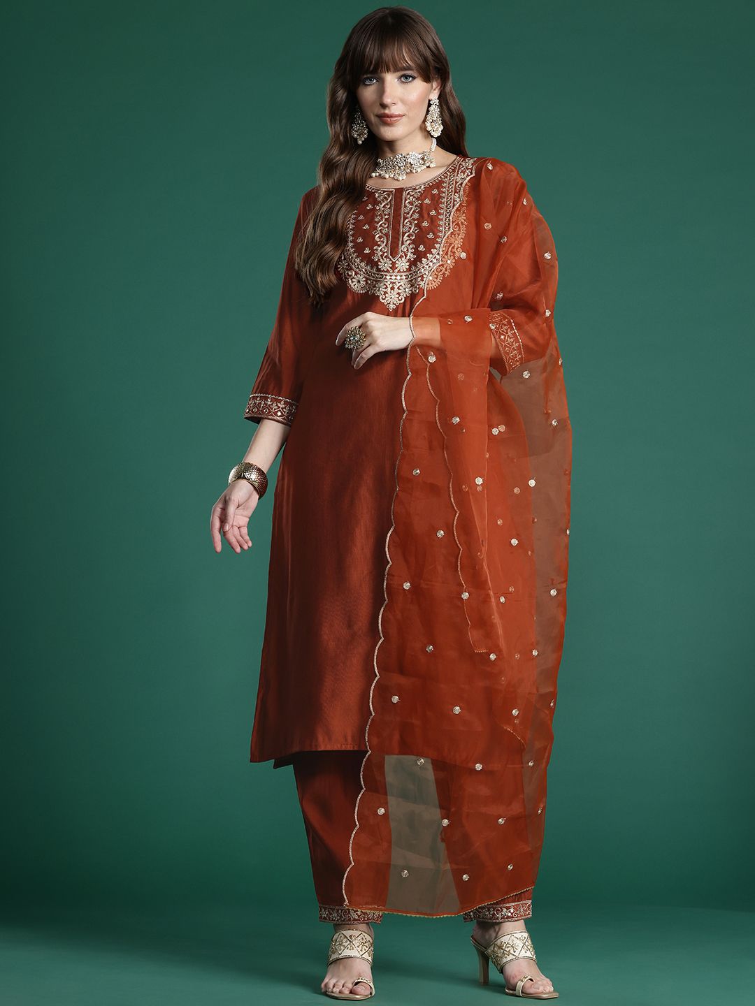 Floral Embroidered Liva Kurta with Trousers & With Dupatta