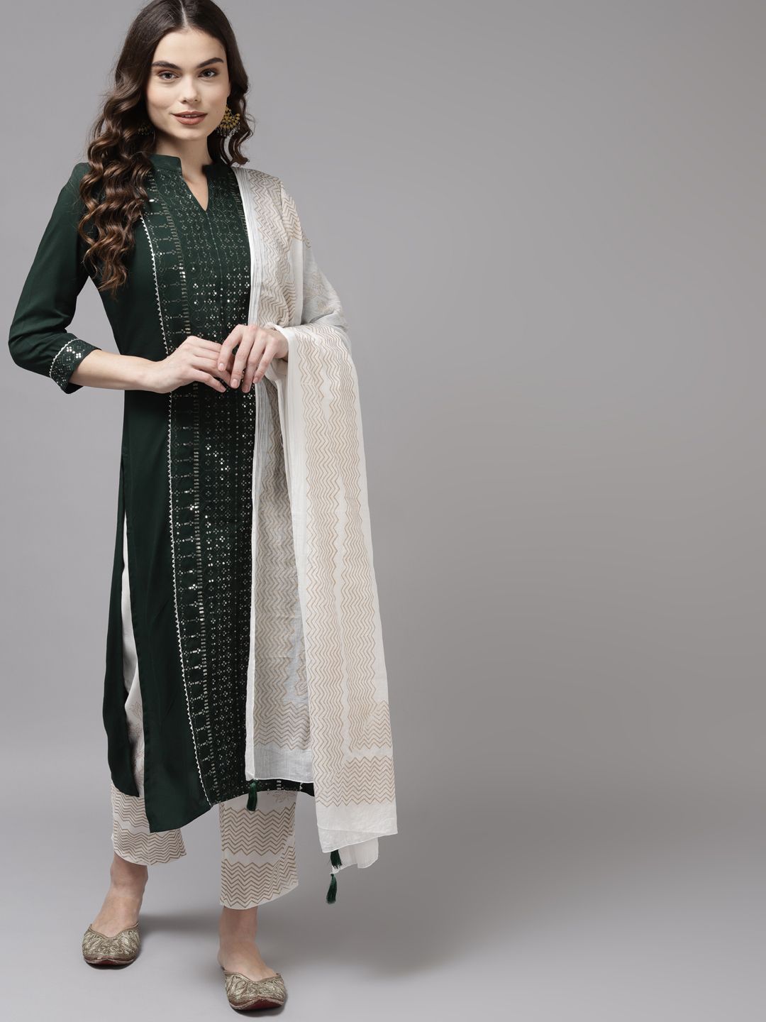 Women Green Ethnic Motifs Embroidered Regular Kurta with Palazzos & With Dupatta