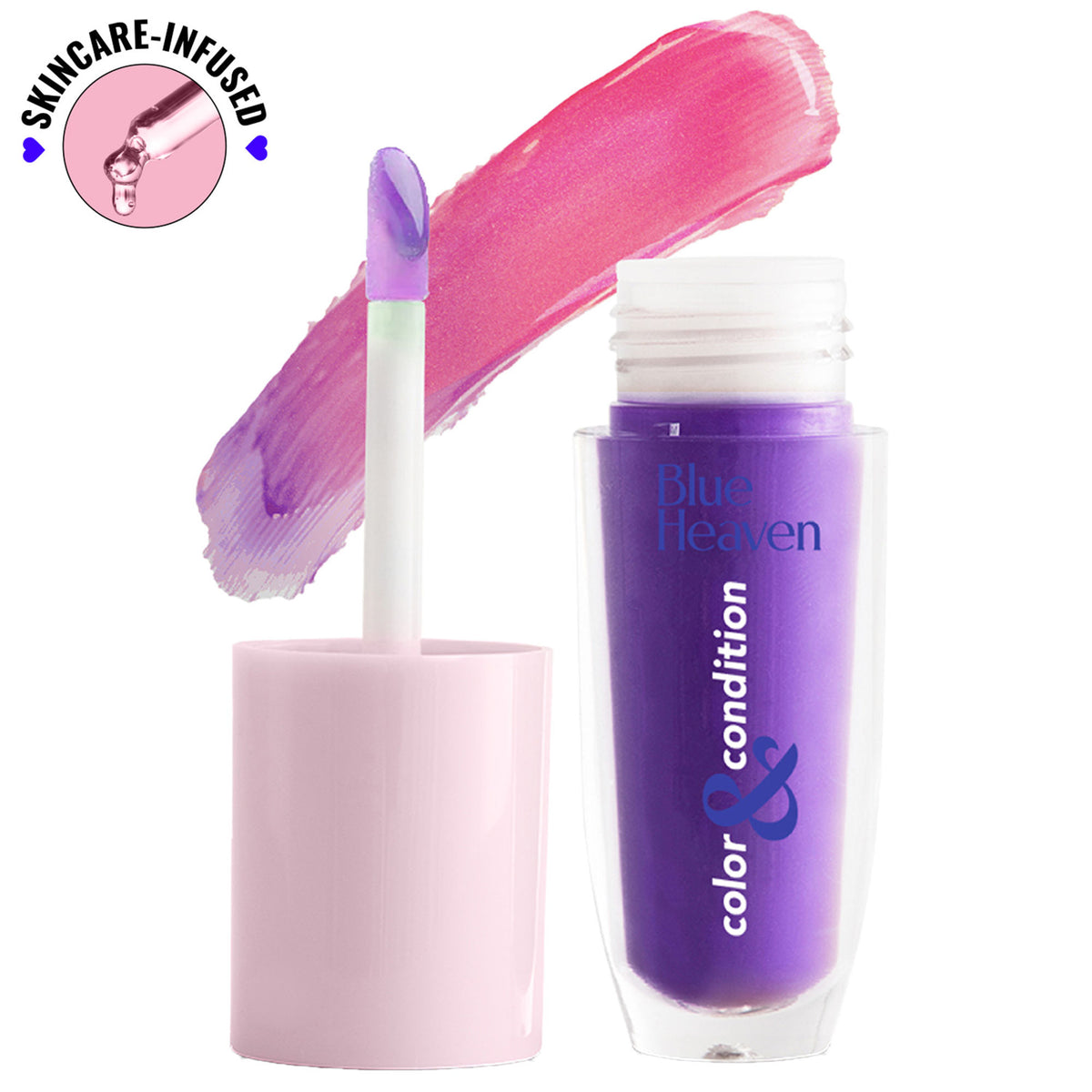 Blue Heaven Color & Condition Tinted Lip Oil in Purple Sorcerer, featuring a shiny purple lip gloss with tinted purple hue.