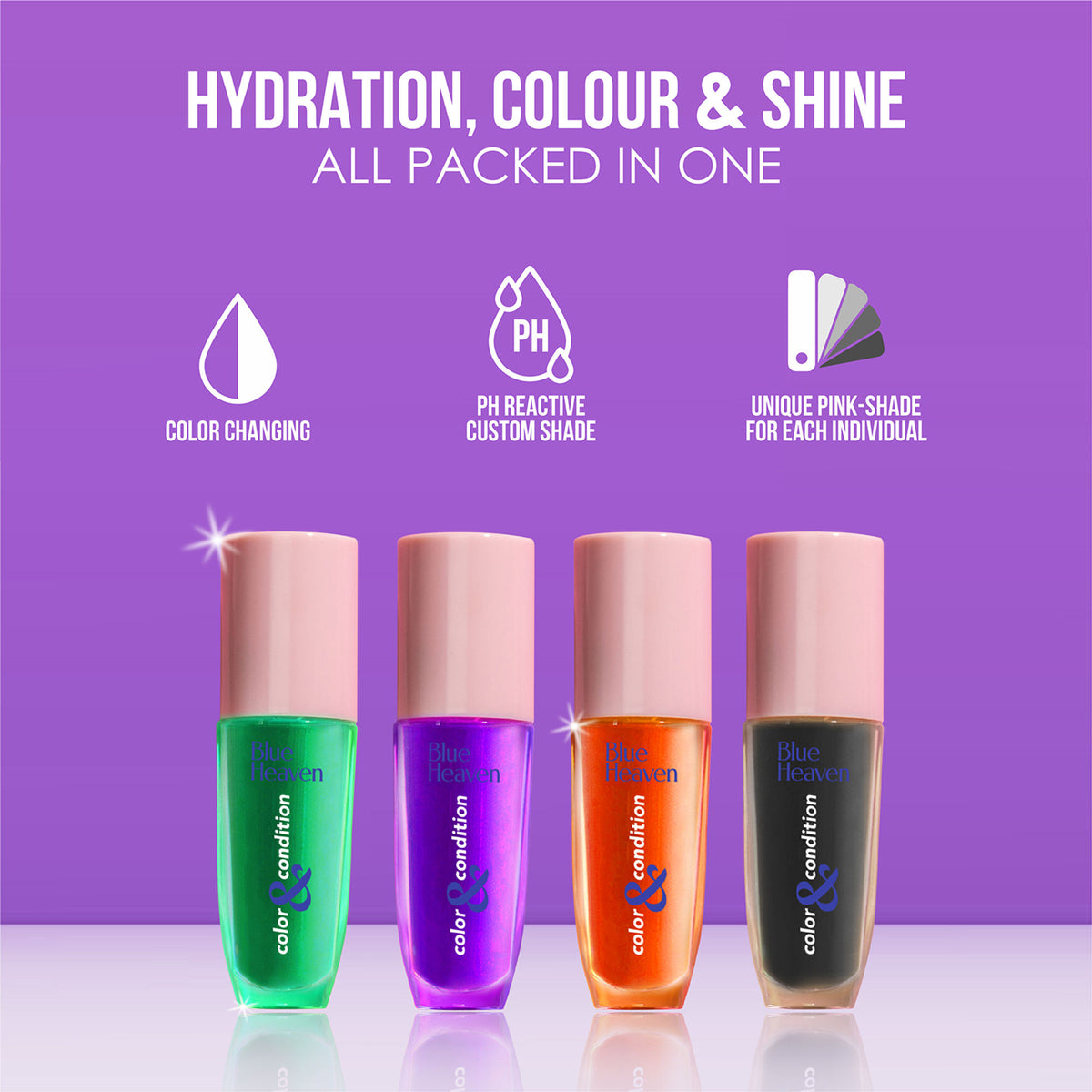 Blue Heaven Blue Heaven Color & Condition Tinted Lip Oil in Purple Sorcerer, featuring a clear tube with purple-tinted lip oil inside.