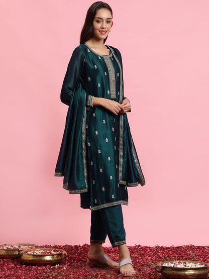 Indyancart IE Embroidered Straight Sequinned Kurta with Trousers & Dupatta