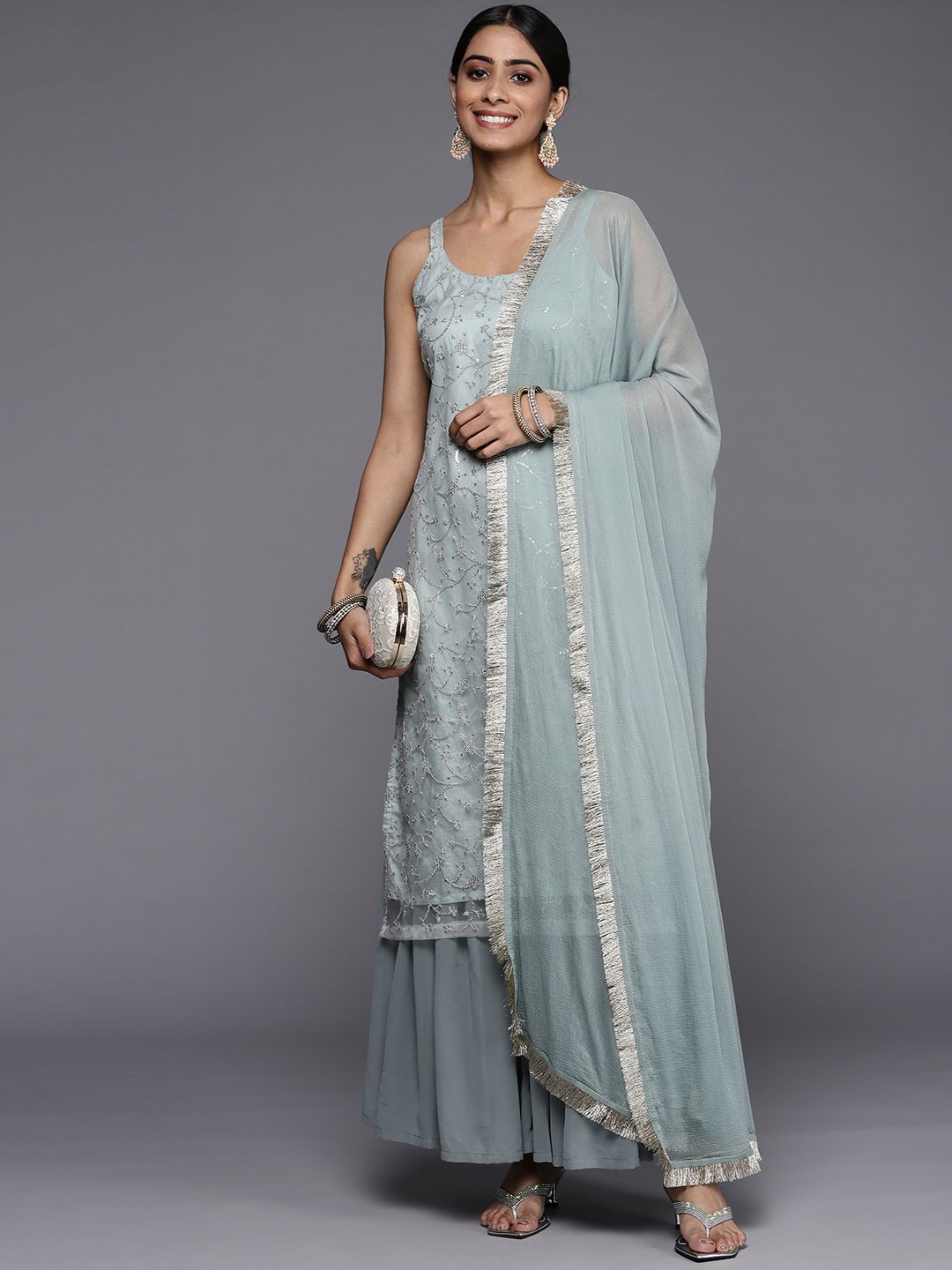 Indyancart VA Women Green Floral Sequinned Kurta with Sharara & With Dupatta