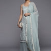Indyancart VA Women Green Floral Sequinned Kurta with Sharara & With Dupatta