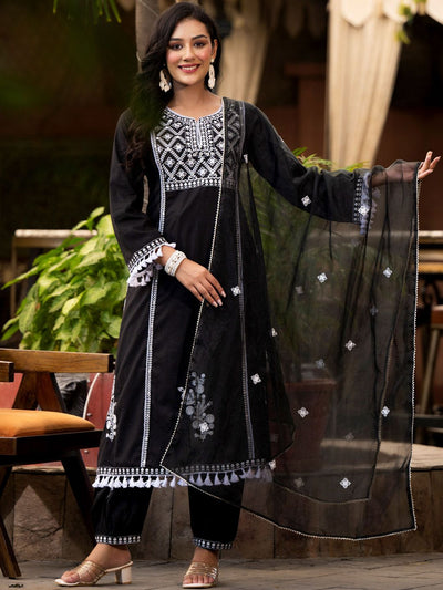 Indyancart VA Women'sEthnic Motif Thread Embroidered A-Line Kurta With Afghani Trousers & Dupatta