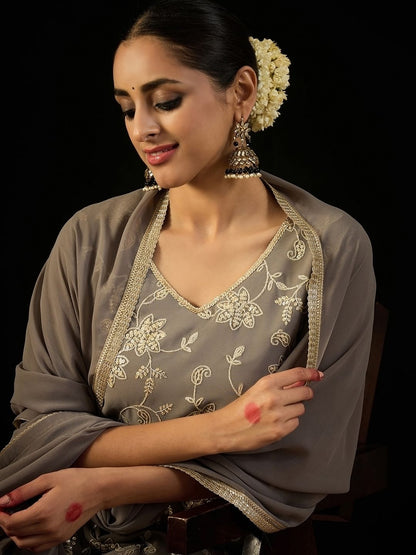 Indyancart IE V Neck Floral Embroidered Thread Work Kurta with Sharara & Dupatta