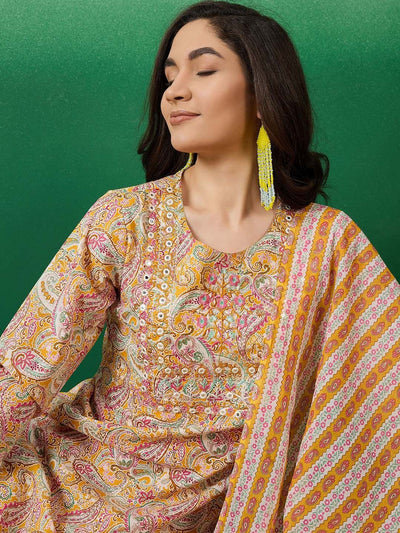 Indyancart SN Women's Mustard Yellow Printed Pure Cotton Straight Kurta With Trousers & Dupatta