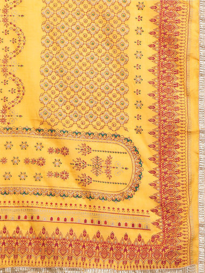 Indyancart IE Women Red & Yellow Ethnic Motifs Printed Sequinned Kurta with Trousers & Dupatta