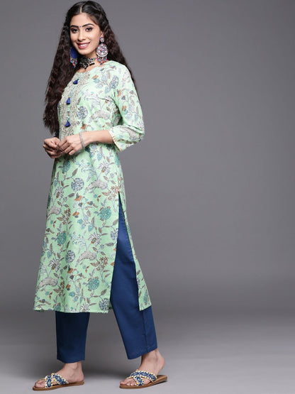 Indyancart VA Women's Blue Pure Cotton Floral Printed Sequinned Kurta with Trousers & With Dupatta