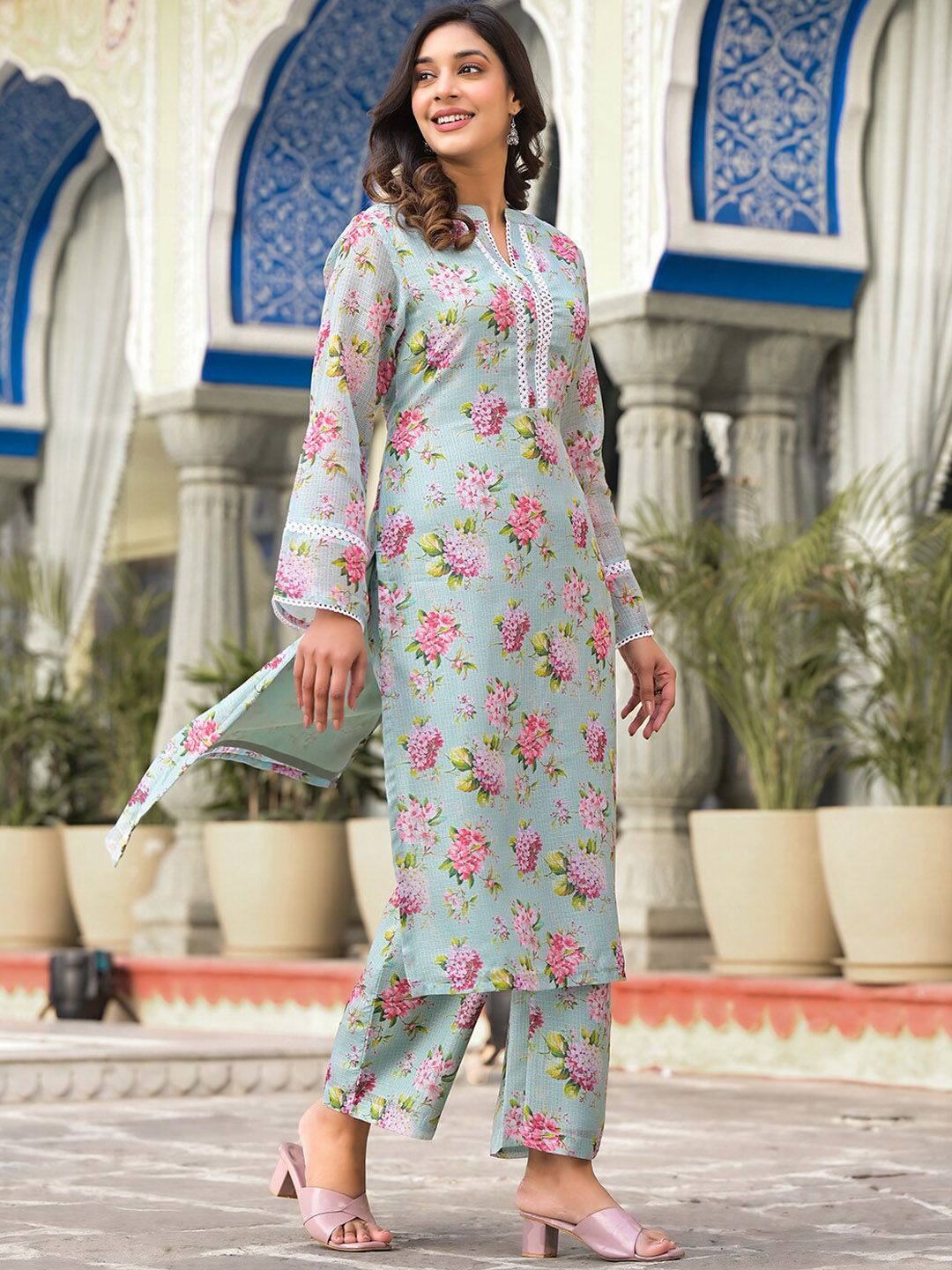 Indyancart VA Women'sFloral Printed Long sleeves Calf Length Straight Kurta With Trouser