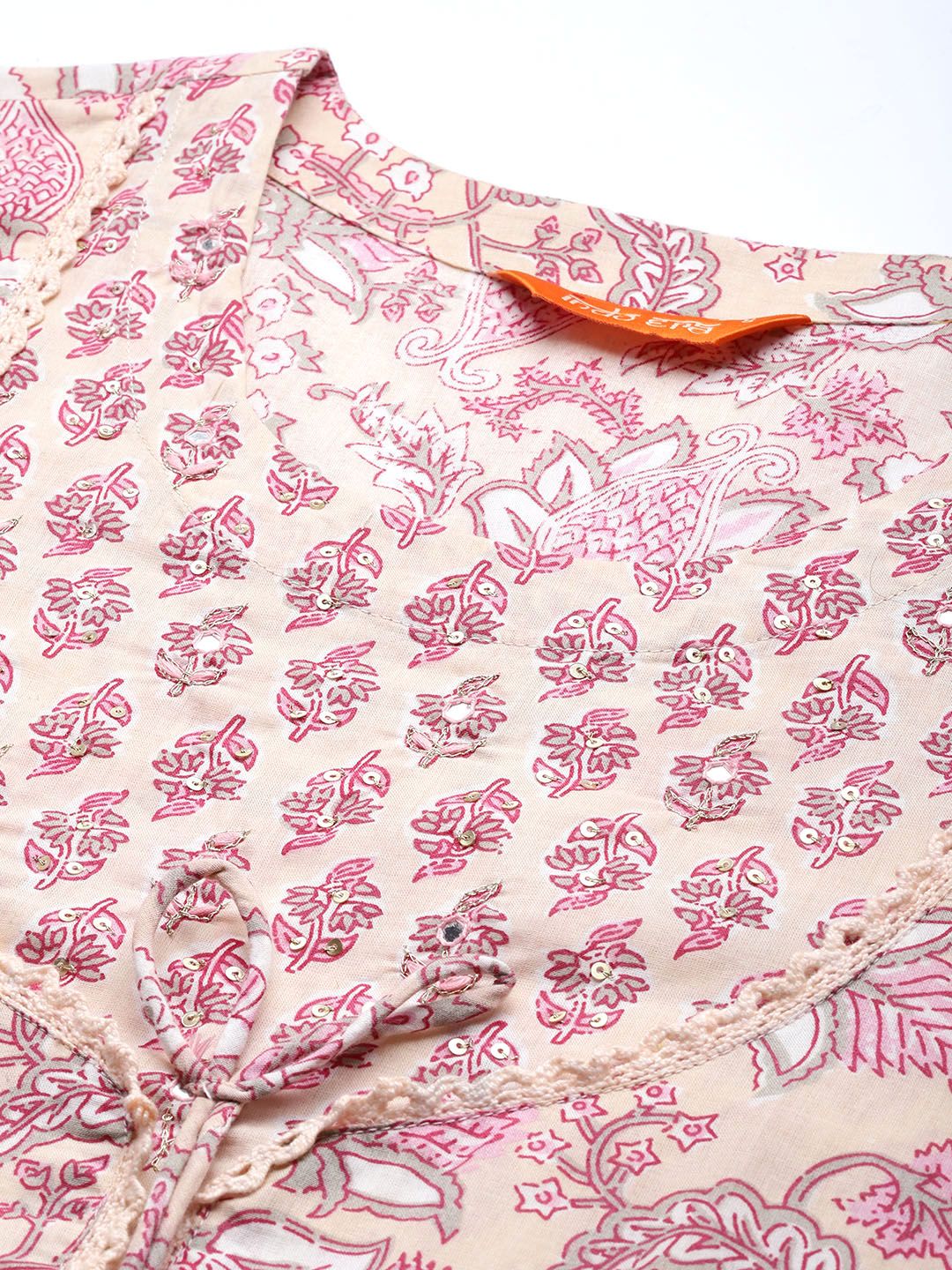 Indyancart IE Floral Printed Panelled Pure Cotton Kurta with Trousers & With Dupatta