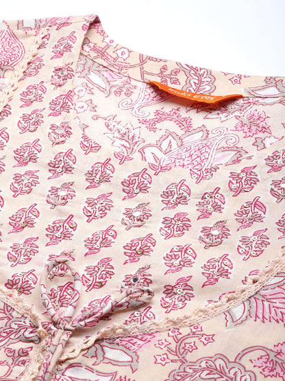 Indyancart IE Floral Printed Panelled Pure Cotton Kurta with Trousers & With Dupatta