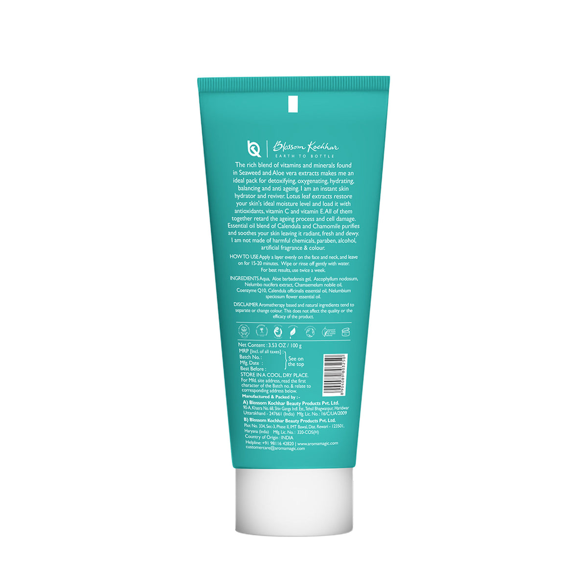 Aroma Magic Hydrating Seaweed Pack moisturizes and soothes skin, shown applied on a person's face in a skincare setting.