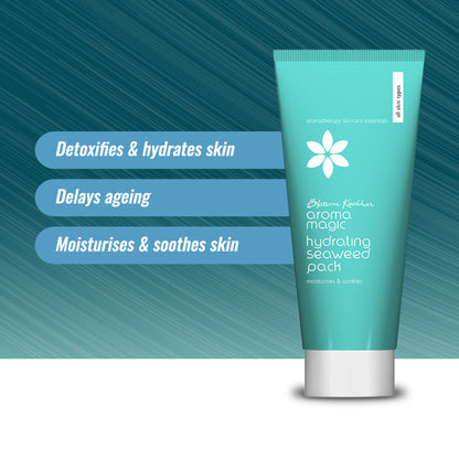Aroma Magic Hydrating Seaweed Pack moisturizes and soothes skin, shown in a jar with seaweed extracts and a relaxing skincare setting.