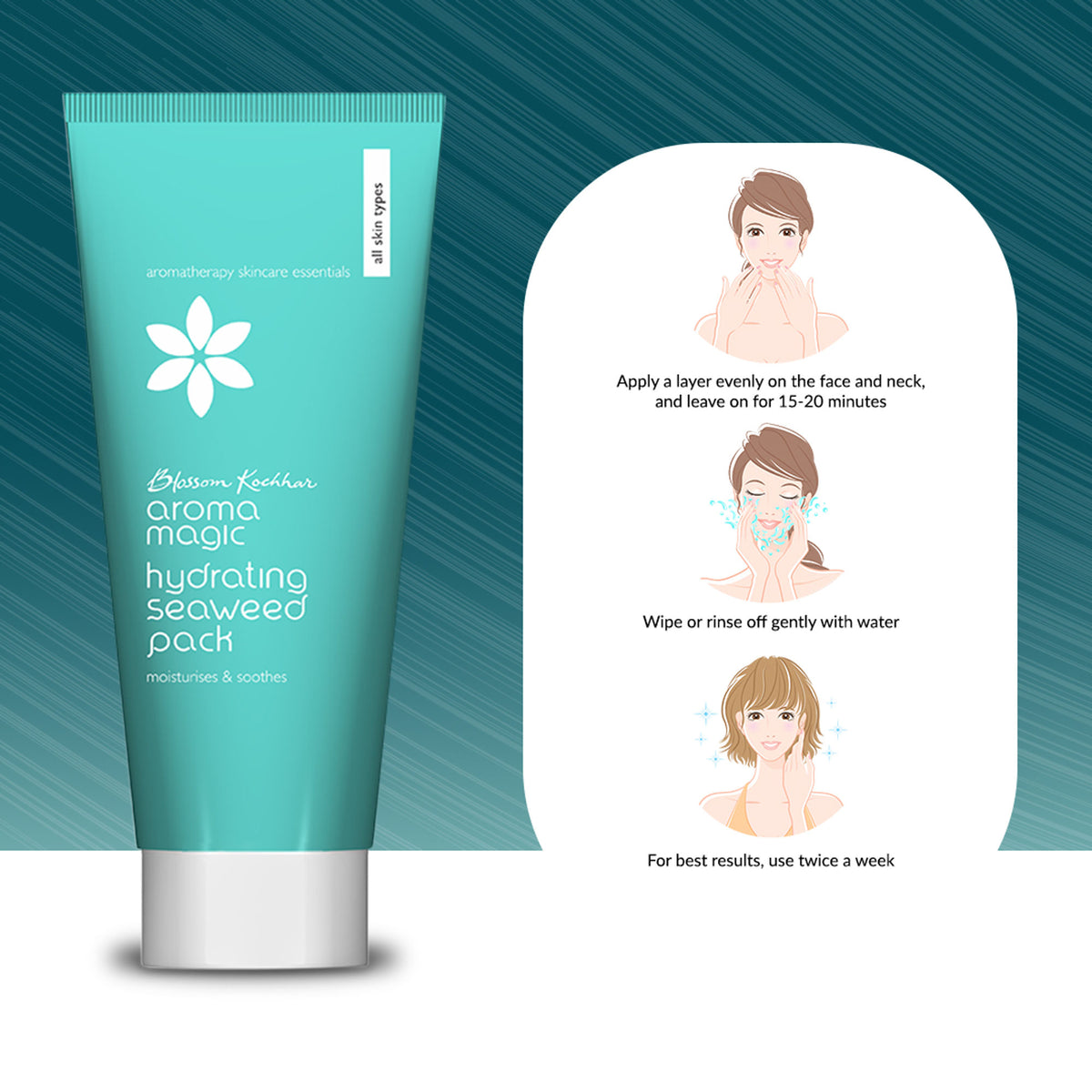 Aroma Magic Hydrating Seaweed Pack moisturizing and soothing facial mask with seaweed ingredients, shown on a skincare display.