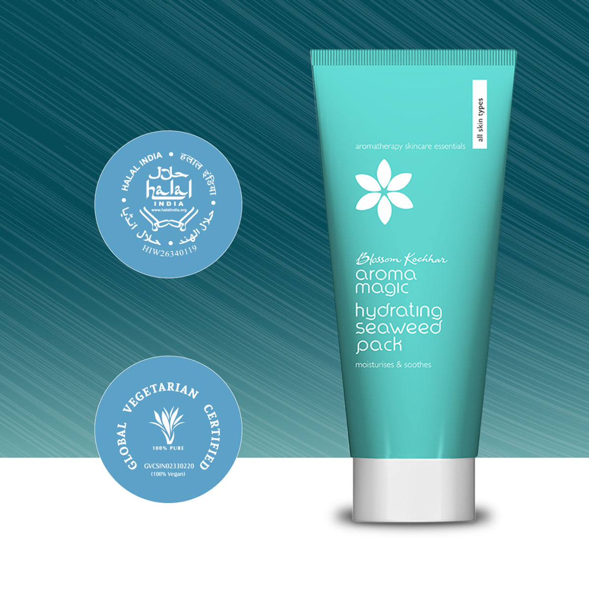 Aroma Magic Hydrating Seaweed Pack applying a soothing, moisturizing facial mask with seaweed ingredients in a skincare setting.