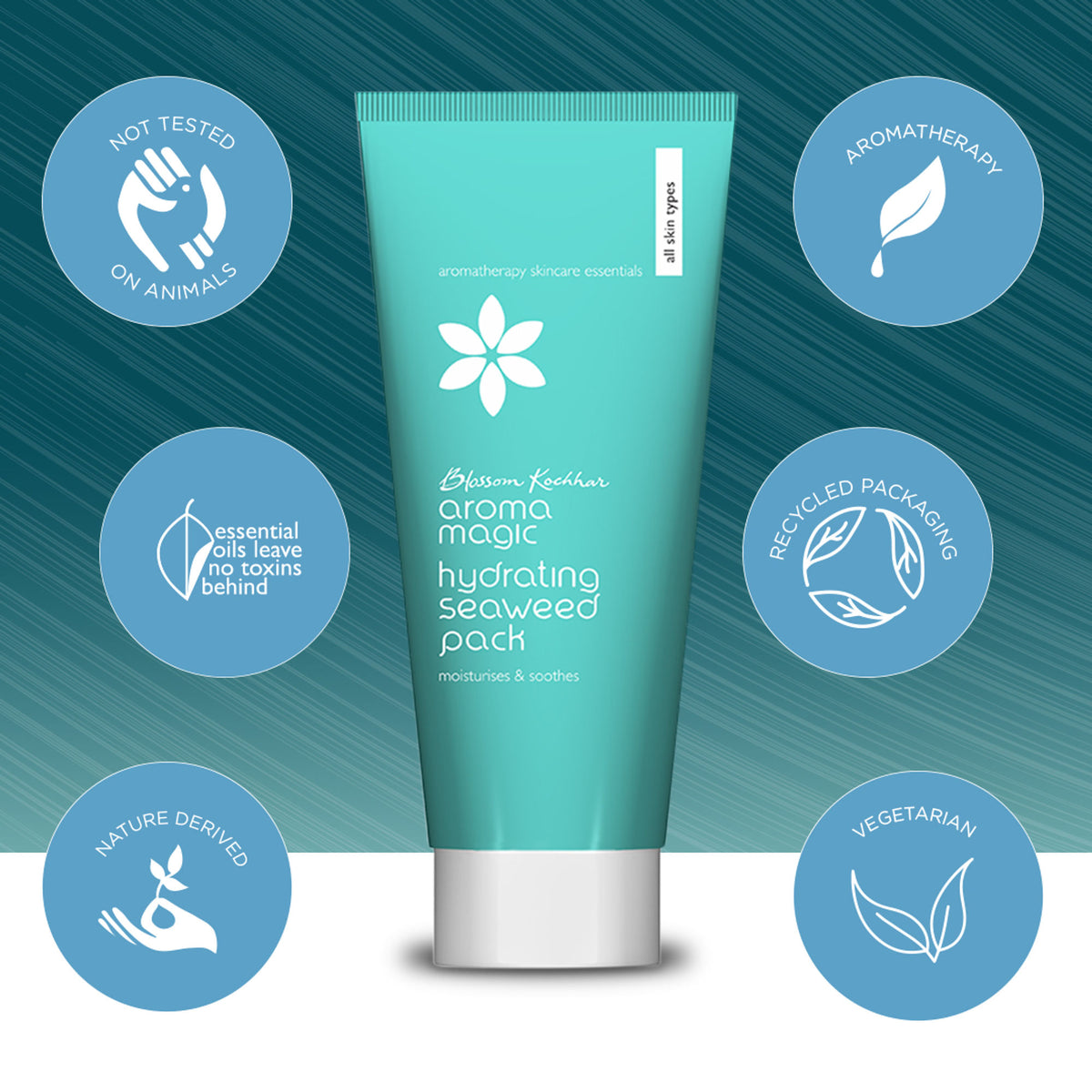 Aroma Magic Hydrating Seaweed Pack applied on a person's face, moisturizing and soothing skin with natural seaweed ingredients.