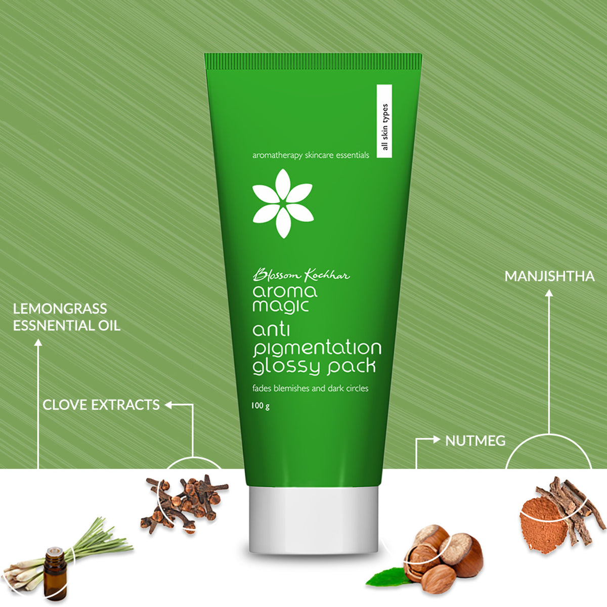 Aroma Magic Anti Pigmentation Glossy Pack applying on skin to reduce blemishes and dark circles, with jars of skincare products in the background.