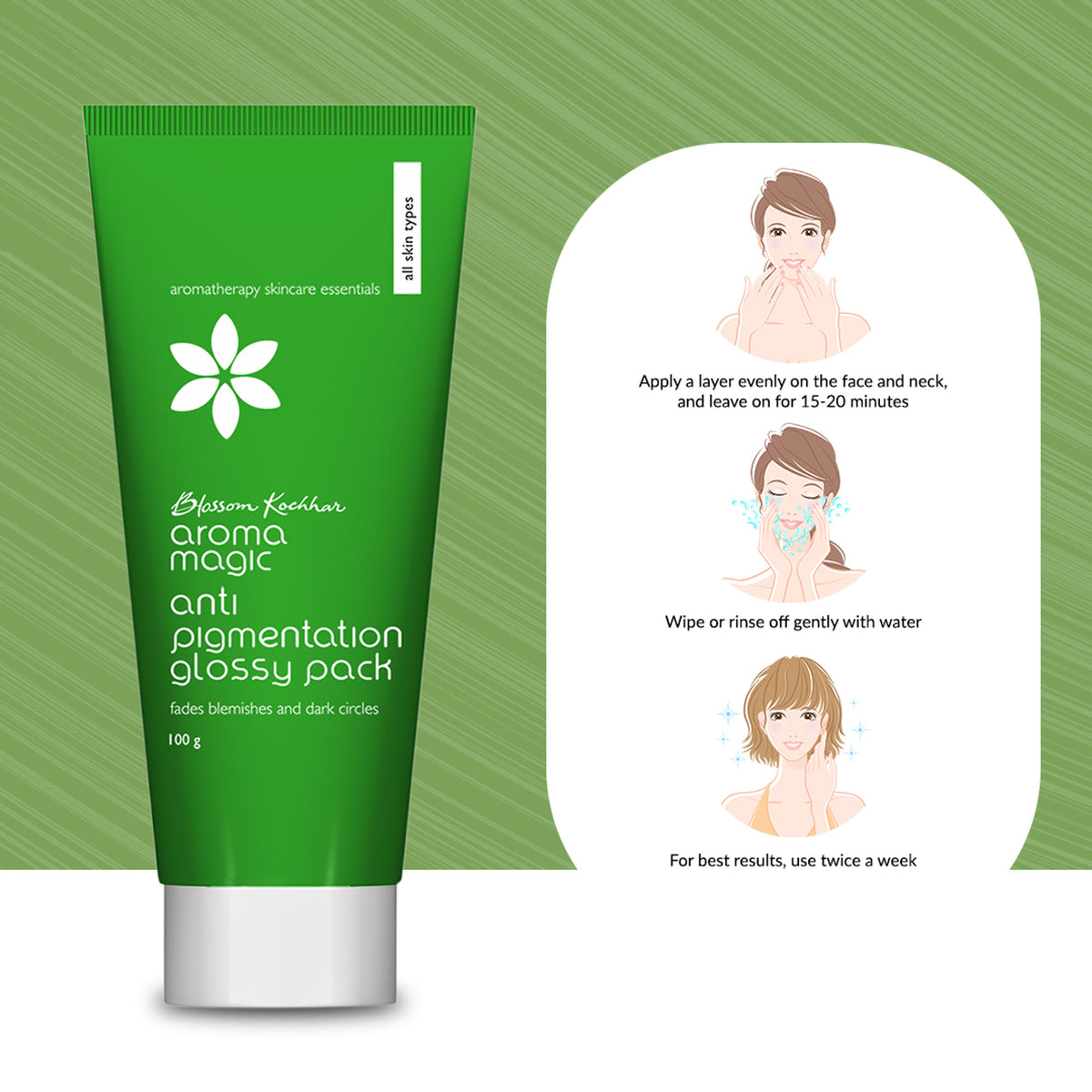 Aroma Magic Anti Pigmentation Glossy Pack shown in a jar, designed to reduce blemishes, dark circles, and pigmentation.