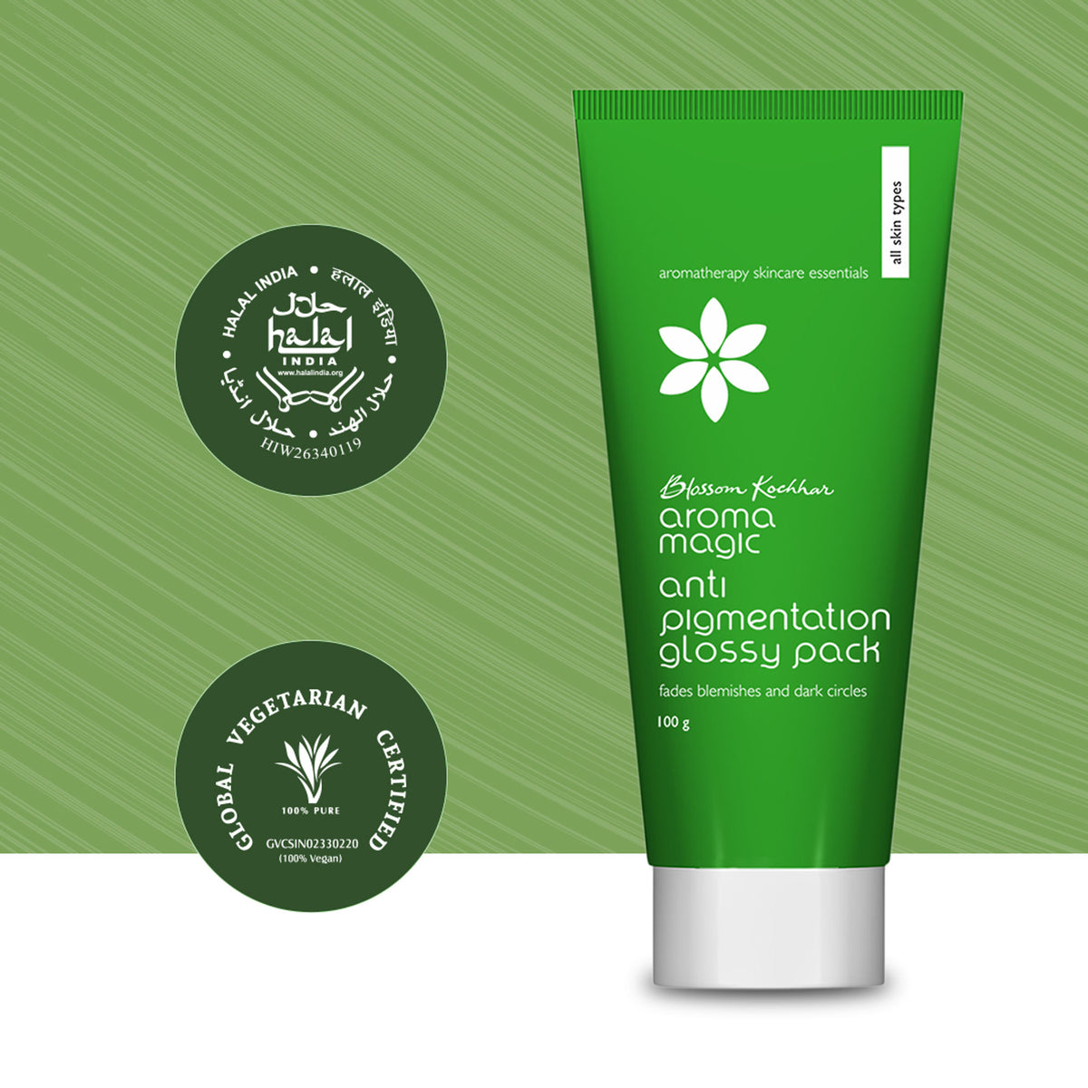 Aroma Magic Anti Pigmentation Glossy Pack applied on skin, targeting blemishes, dark circles, and uneven pigmentation.