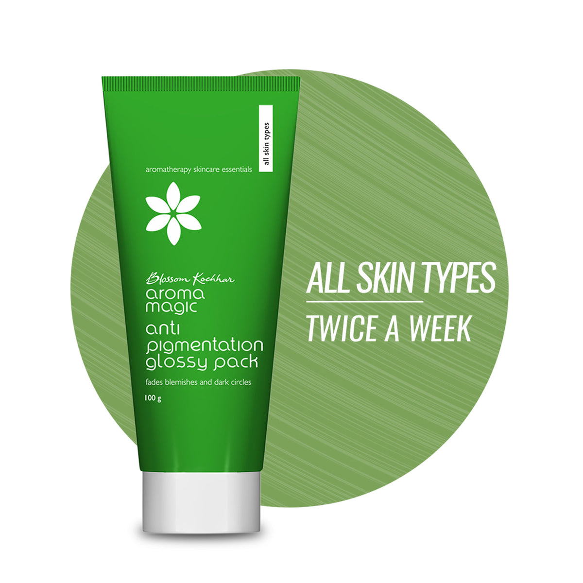Aroma Magic Anti-Pigmentation Glossy Pack with application jar and ingredients, designed to reduce blemishes and dark circles.